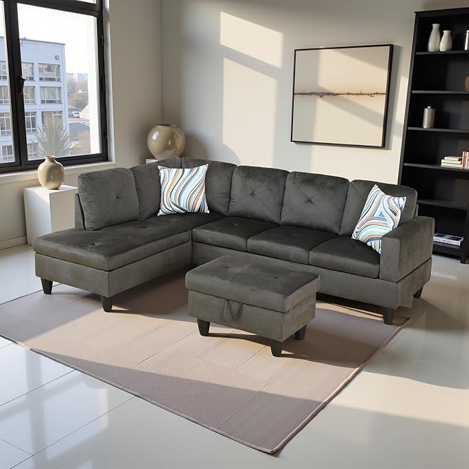 L Shaped Couch Modern Sectional Couch Upholstered Flannel Fabric 3 Pieces Sofas for Living Room with Chaise, Storage Ottoman for Office and Small Apartment, Grey