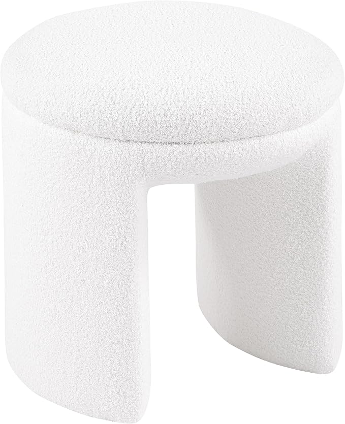 Furniture of America Rami Modern 18-inch Solid Wood Upholstered Ottoman with Pedestal Base, Vanity Stool Chair, Small Foot Stool for Bedroom, Living Room, Entryway, Beige