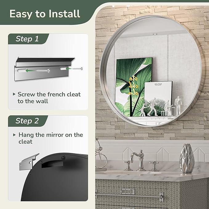 TokeShimi Round Mirror 30 Inch Brushed Silver Round Bathroom Mirror for Wall Non-Rusting Aluminum Alloy Brushed Silver Metal Frame Modern Circle Mirror Fit in Minimalist Multi Style for Decor