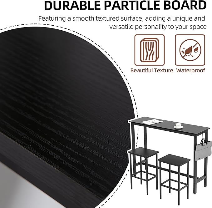 Finnhomy 52.7" Industrial Bar Table Set with 2 Stools - Counter Height Dining & Pub Table for Small Spaces, Kitchen, Apartment, Breakfast Nook - Metal & Wood, Space-Saving Furniture - Rustic Black