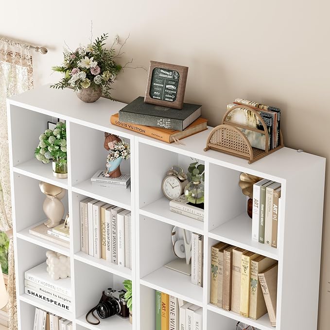 FOTOSOK 71'' White Bookshelf, Double Wide Media Tower Rack CD DVD Rack Display Cabinet with Adjustable Shelves, Tall Narrow Bookcase Bookshelf for Home Office, White