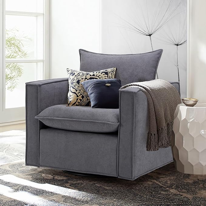COLAMY Swivel Accent Chair, 34 Inches Wide Upholstered Arm Chair with Plump Back Pillow, Modern Sofa Living Room Chair for Bedroom, Corner, Reading Nook-Grey