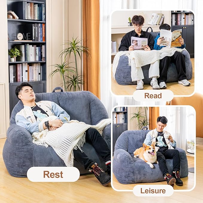 Giant Bean Bag Chair, Faux Fur Bean Bag Chairs for Adults, Fluffy and Comfy Bean Bag with Filler, Big Bean Bag Sofa Chair for Reading, Gaming, Stuffed High-Density Foam (Grey)