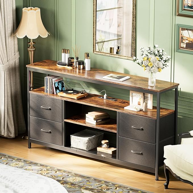 Huuger TV Stand Dresser with Power Outlets and LED Lights, 4 Drawers Entertainment Center with Shelves, 54 Inch Media Console for 55 60 Inch TV, PU Finish, Rustic Brown and Black