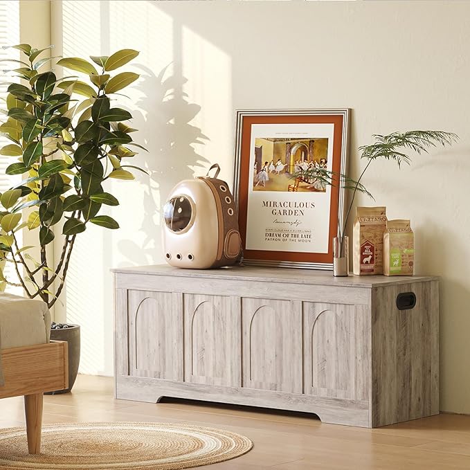 DINZI LVJ Storage Chest, 47.2”Wooden Storage Box with 2 Safety Hinges, Entryway Storage Bench with Flip-Top, Large Trunk for Living Room, Bedroom, Easy Assembly, Greige