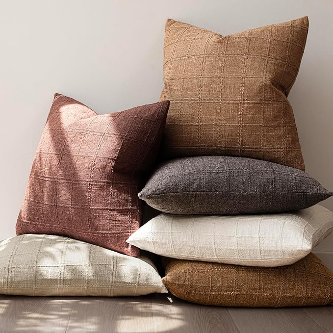 Foindtower Set of 2 Decorative Linen Check Throw Pillow Covers Neutral Farmhouse Vintage Cushion Covers Modern Boho Home Decor for Sofa Chair Couch Bedroom Living Room Outdoor,24×24 Inch,Autumnal Red