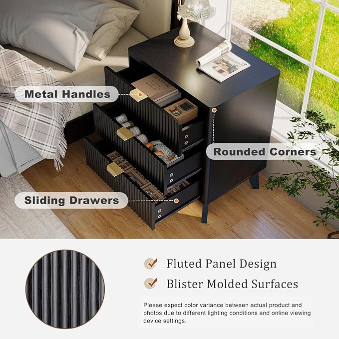 LYNCOHOME Fluted Nightstand with 3 Drawers Dresser, Modern Wood Chest of Bedside Table with Curved Profile, Fluted Dresser & Wood Drawer Organizer for Bedroom