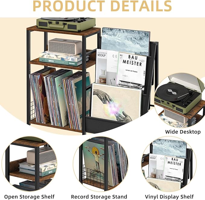 LELELINKY Record Player Stand with Vinyl Storage, 3 Tier Turntable Stand with Display Shelf Storage Up to 150 Albums,Brown End Table for Living Room