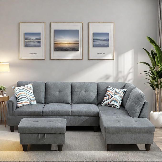 L Shaped Sectional Couches, Modern Modular Sectional Sofa for Living Room Bedroom Furniture, Comfortable 4 Seat Couch with Ottoman Storage & Chaise, Gray