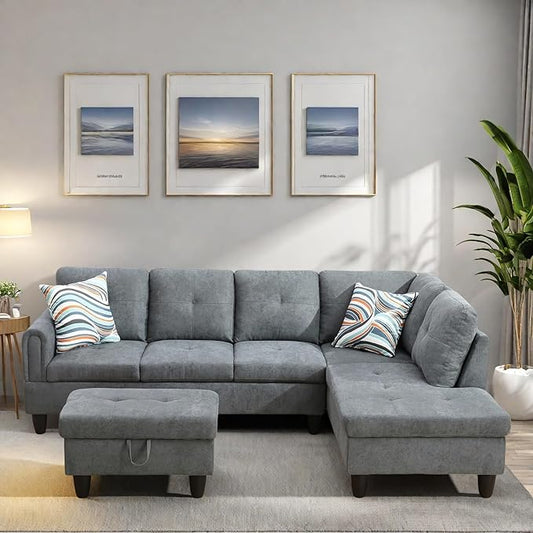 L Shaped Sectional Couches, Modern Modular Sectional Sofa for Living Room Bedroom Furniture, Comfortable 4 Seat Couch with Ottoman Storage & Chaise, Gray
