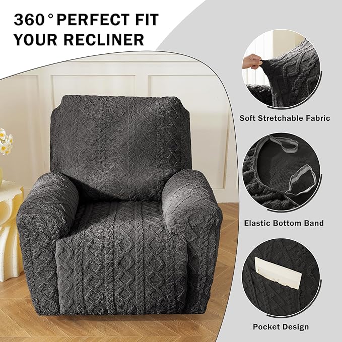 vctops 4 Pieces Geometric Jacquard Plush Recliner Slipcovers Soft Fuzzy Fluffy Sofa Couch Cover Anti-Slip Furniture Protector with Elastic Bottom for Kids Cats Dogs(Dark Grey,1 Seat)