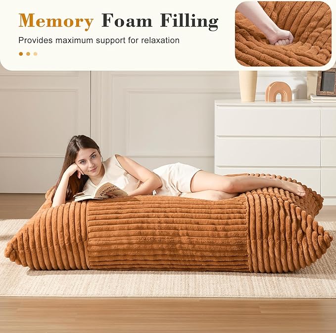 3-in-1 Giant Bean Bag Chair for Adults & Kid, Convertible Floor Sofa to Mattress, High-Density Foam Chair Bed with Washable Cover, Multi Functional Lounge Couch for Bedroom, Living Room (Orange)