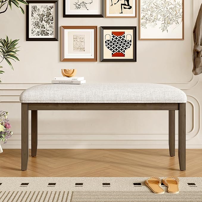 Merax Upholstered Dining Bench, with Padded Seat and Solid Wood Leg for Kitchen Bedroom, Living Room, Indoor, Entryway, Hallway, End of Bed, Brown+Beige