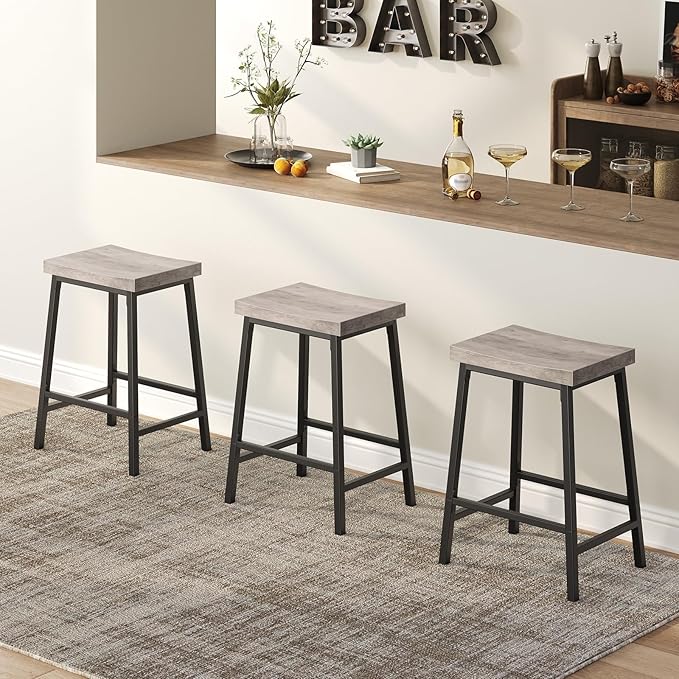 Bar Stools, Counter Height Bar Stools Set of 2, 23.7 Inch Saddle Stools with Footrest, Kitchen Stools, Industrial Style, for Dining Room, Counter, Bar, Greige BAHG0801