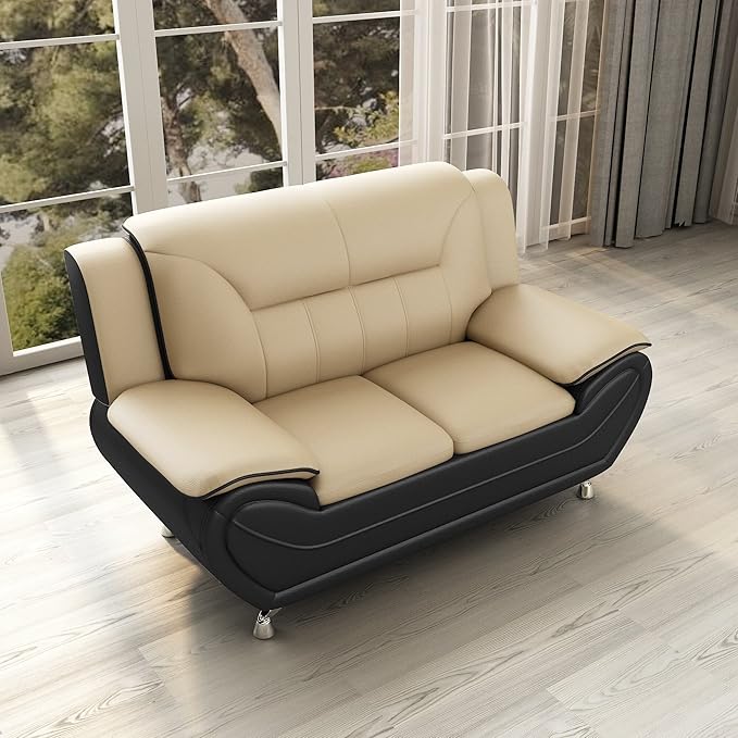 Container Furniture Direct Michael Modern Faux Leather Upholstered Stainless Steel Legs Living Room Loveseat, Black Camel