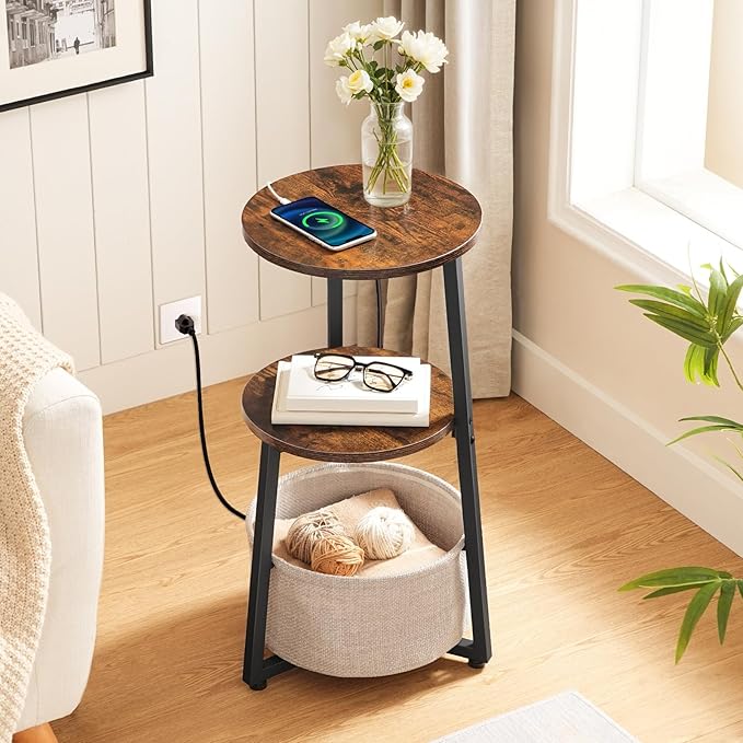 HOOBRO Small Round Side Table with Charging Station, Round End Accent Table with Storage Basket, Compact Sofa Bedside Table for Small Space in Living Room, Bedroom, Rustic Brown BF169UBZ01