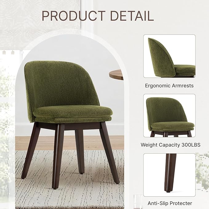 Wooden Dining Chairs Set of 2, Fabric Upholstered Modern Dining Room Chairs with Double-Layer Thick Seat Cushion & Ergonomic Backrest for Restaurant, Kitchen and Café, Green