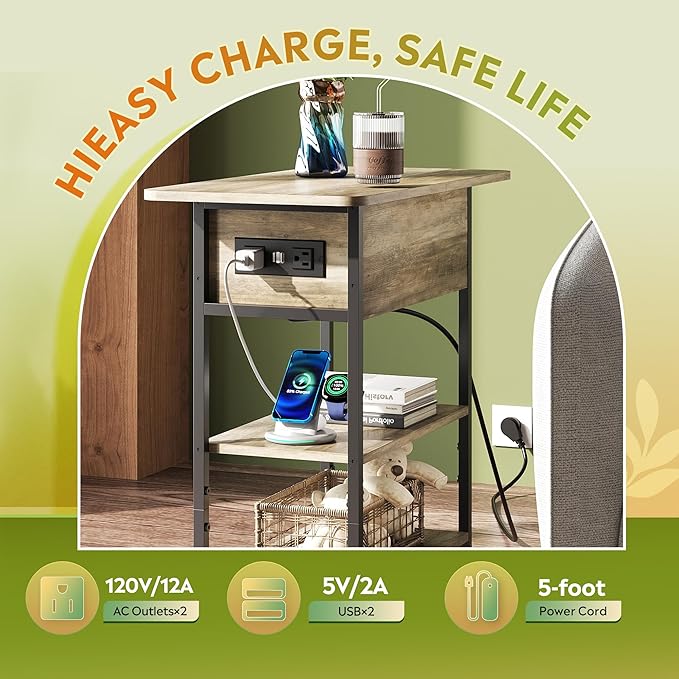 WLIVE End Table with Charging Station, Flip Top Side Table with Storage Shelf, Narrow Bedside Table for Living Room, Sofa Couch Table with USB Ports and Outlets, Bedroom Nightstand, Greige