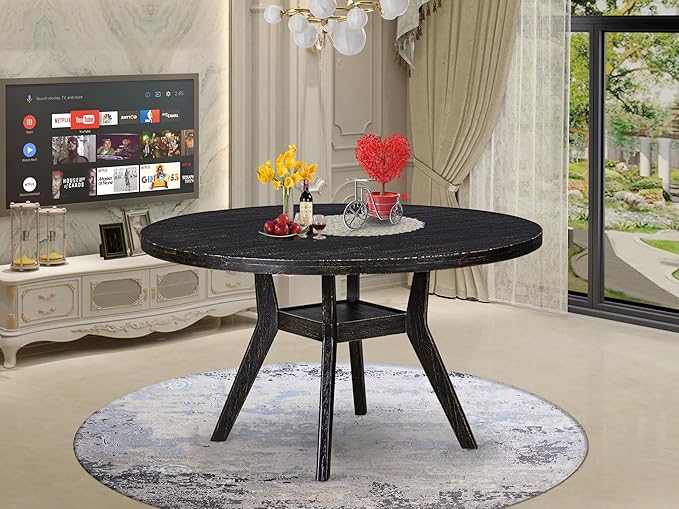 I58-11-TP - A Wood Dining table with a Round Tabletop and Stylish Pedestal, Sand Blasted Black Finish.