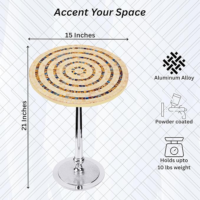 CLEENTABLE Mosaic Round End Table - Lightweight Handcrafted Accent Coffee Table with Durable Enamel Finish & Aluminum Legs Modern Side Table for Living Room, Bedroom & Balcony (Multi)