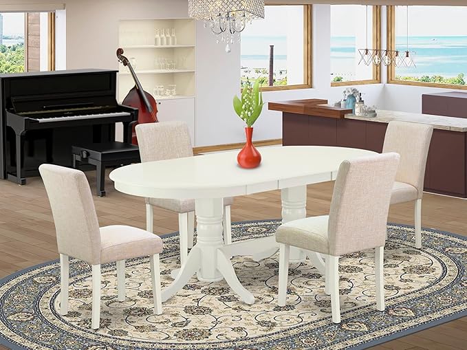 East West Furniture VAAB5-LWH-02 5 Piece Dining Room Table Set Includes an Oval Kitchen Table with Butterfly Leaf and 4 Light Beige Linen Fabric Parsons Chairs, 40x76 Inch, Linen White