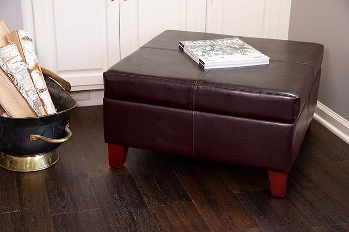 Homepop Home Decor |K2380-E155 | Luxury Large Faux Leather Square Storage Ottoman | Ottoman with Storage for Living Room & Bedroom, Distressed Brown