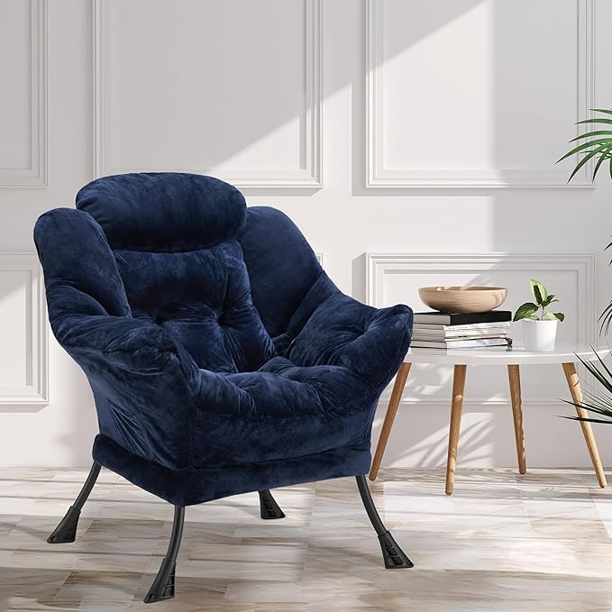 Fabric Lazy Chair for Adults, Oversized Upholstered Sofa Chair, Plush Comfy Lounge Chair with Large Side Storage Pocket, Thick Padded Reading Chair for Living Room, Bedroom, Office, Navy Blue