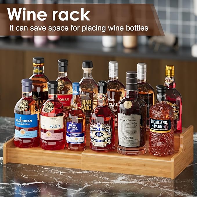 X-cosrack Expandable Liquor Bottle Display Shelf, Tabletop Wine Rack, Countertop Coffee Syrup Organizer Rack, Bamboo Bottle Stand for Liquor Whiskey Display Bar Shelves, Home Bar Display