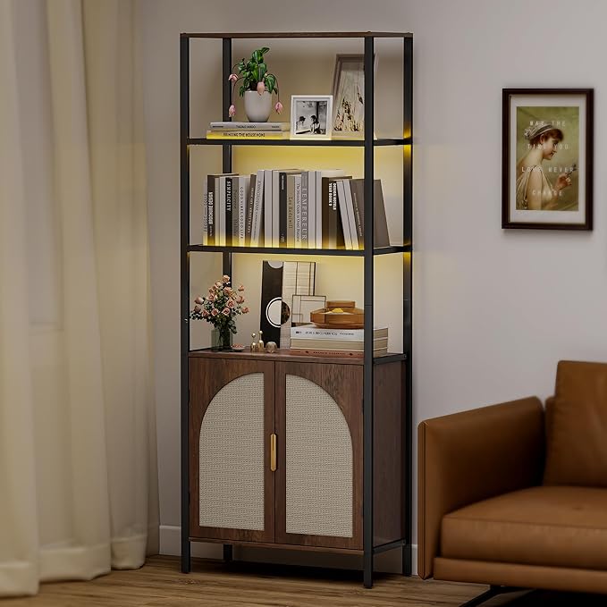 Bookshelf with Rattan Doors, 71" Tall Bookcase with Light and Adjustable Shelf, 5 Tier Book Shelf Storage Organizer for Bedroom, Living Room and Home Office
