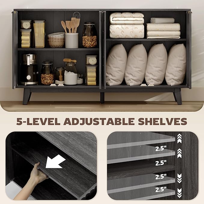 HOMCOM Fluted Sideboard Buffet Cabinet, 55" Modern Accent Console Cabinet with 4 Doors, 2 Adjustable Shelves and 5 Wood Legs, Distressed Gray