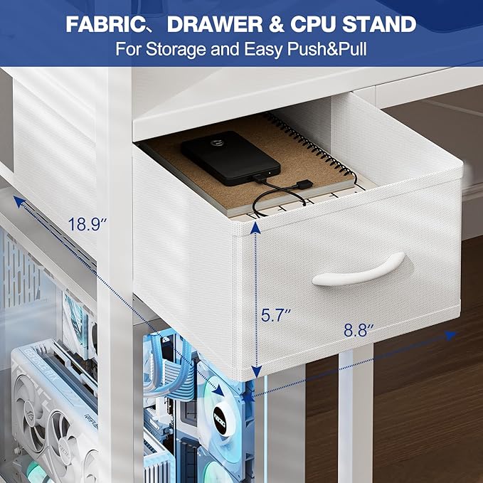 Gaming Desk 47 Inch with Power Outlet and LED Light, Computer Desk with Reversible Shelves and Storage Drawer, Pc Small Desk for Home Office Table with Bag, Carbon Fiber White