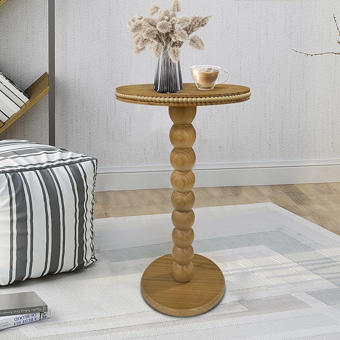 JUIOETURBoho Beaded Round Side Table - Handcrafted Small Accent Table for Small Spaces w/Solid Wood Leg - Drink Table for Living Room, Bedroom, Dorm, Office & Tight Corners (Nature)