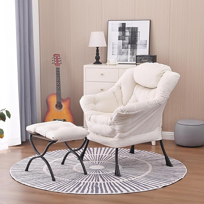 Lazy Chair and Ottoman, Large Accent Lounge Chair with Armrests and a Side Pocket, Modern Leisure Upholstered Sofa Reading Armchair with Footrest for Bedroom, Living Room, Dorm Rooms, Office