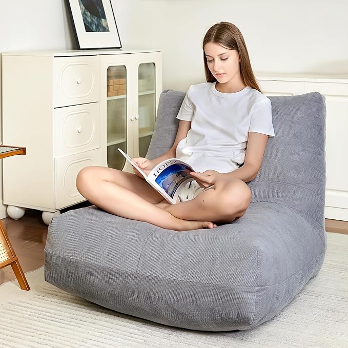 Bean Bag Chairs for Adults, Memory Foam Bean Bag Chair, Spacious Single Sofa, Ergonomic Support Reading Floor Sofa Chair with Filler, Comfy Cozy Beanbag Couch for Bedroom Living Room (Grey)