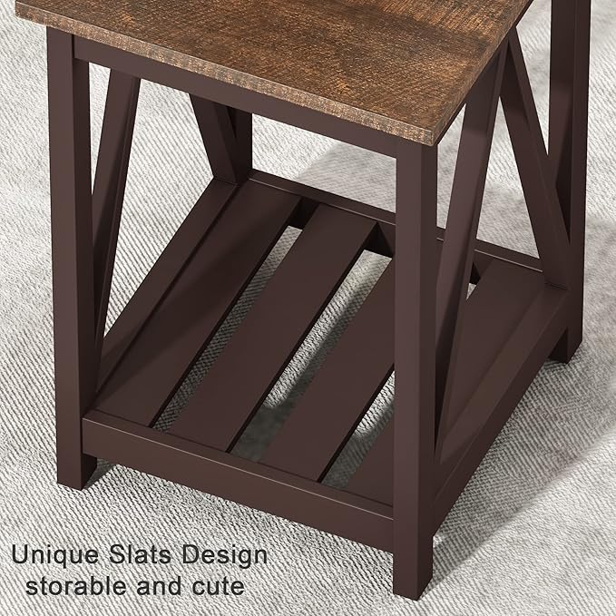ChooChoo Farmhouse End Table, Rustic Vintage End Side Table with Storage Shelf for Small Spaces, Nightstand Sofa Table for Living Room, Bedroom Espresso 2 Pack