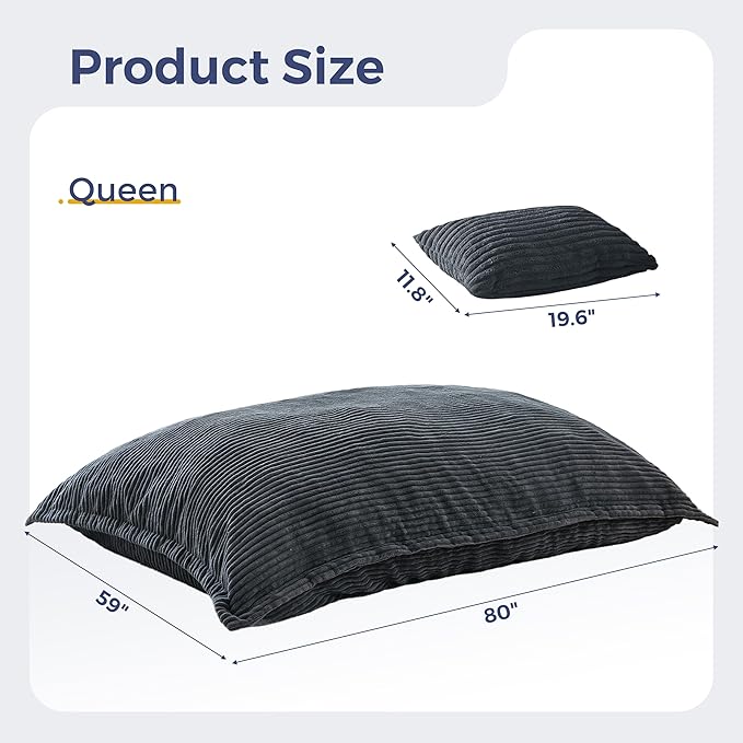MAXYOYO Giant Bean Bag Chair with Pillow, 3 in 1 Convertible Bean Bag Chair for Adults with Washable Cover, Removable Floor Cushion Stuffed Floor Lounger for Living Room Bedroom, Dark Grey, Queen