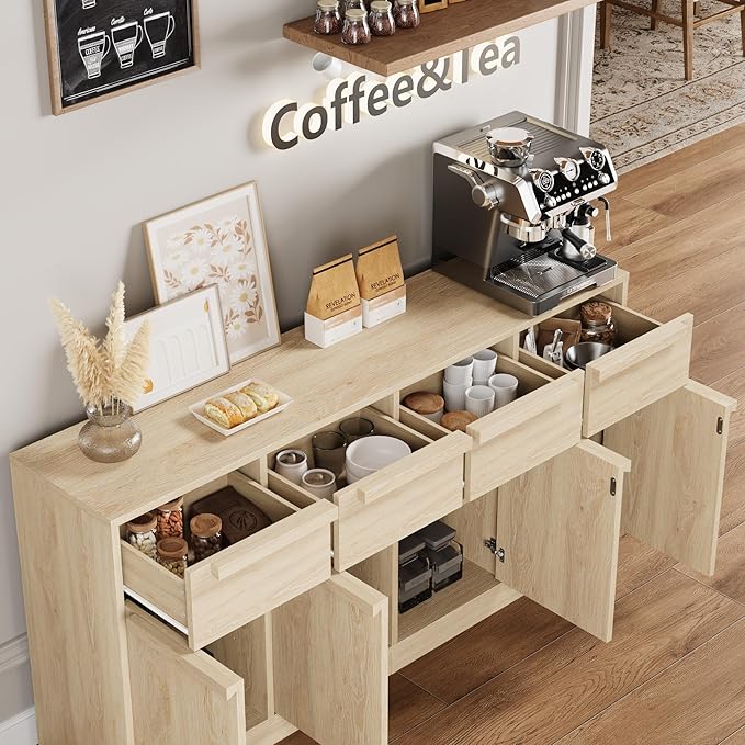 GarveeHome Sideboard Buffet Cabinet with 4 Drawers, 62.4" Large Coffee Cabinet with Storage, Modern Storage Buffet Table for Kitchen Dining Room, Living Room (Pear Wood, 4 Doors & 4 Drawers)