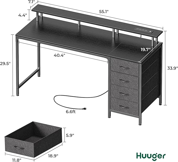 Huuger 55 Inch Computer Desk with Power Outlets and LED Lights, Gaming Desk with 4 Drawers, Office Desk with Monitor Stand, Study Work Home Office, Black