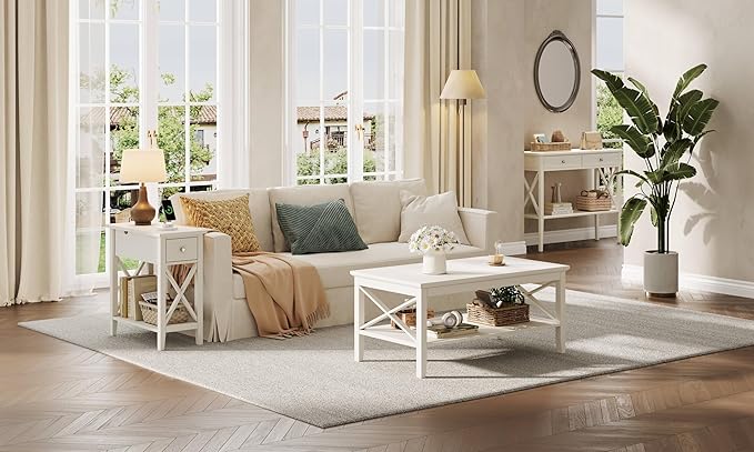 ChooChoo End Table with Charging Station, Narrow Side Table with USB Ports and Outlets, Nightstand with Drawer, for Small Spaces, Bedside Tables for Living Room White
