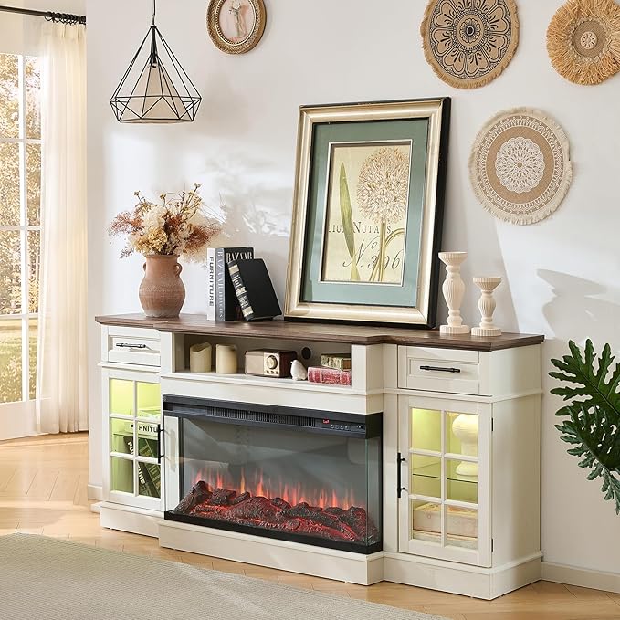 ROCKPOINT 3 Sided Glass 70" Fireplace TV Stand for TVs up to 80", Entertainment Center with Drawers and Glass Door Storage Cabinet for Living Room,36" Electric Fireplace & Adjustable LED Light,White