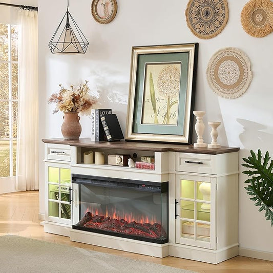 ROCKPOINT 3 Sided Glass 70" Fireplace TV Stand for TVs up to 80", Entertainment Center with Drawers and Glass Door Storage Cabinet for Living Room,36" Electric Fireplace & Adjustable LED Light,White