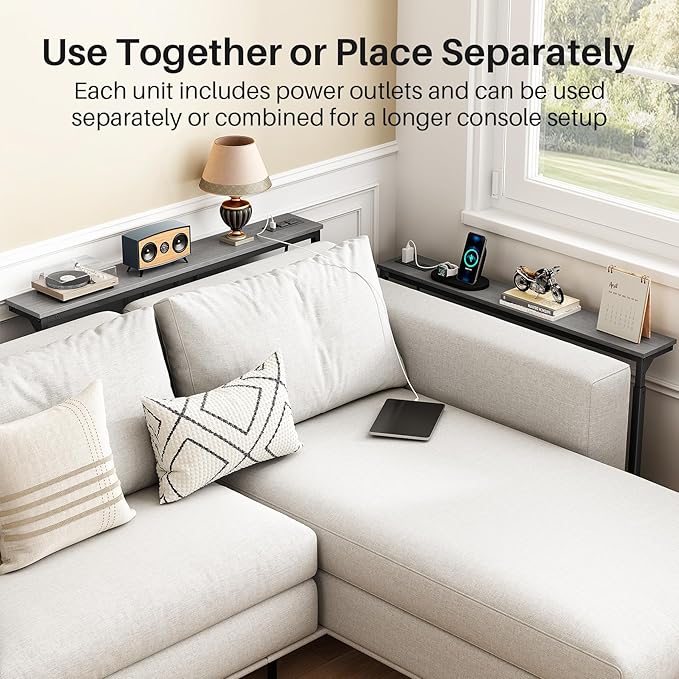 Kitstorack 2-Pack Dark Gray Long Sofa Table Behind Couch, Adjustable Height (25"-33") & 2 Power Outlets, Narrow Console Table, 5.9" D x 79" L, Thin, Split Design for Separate Use