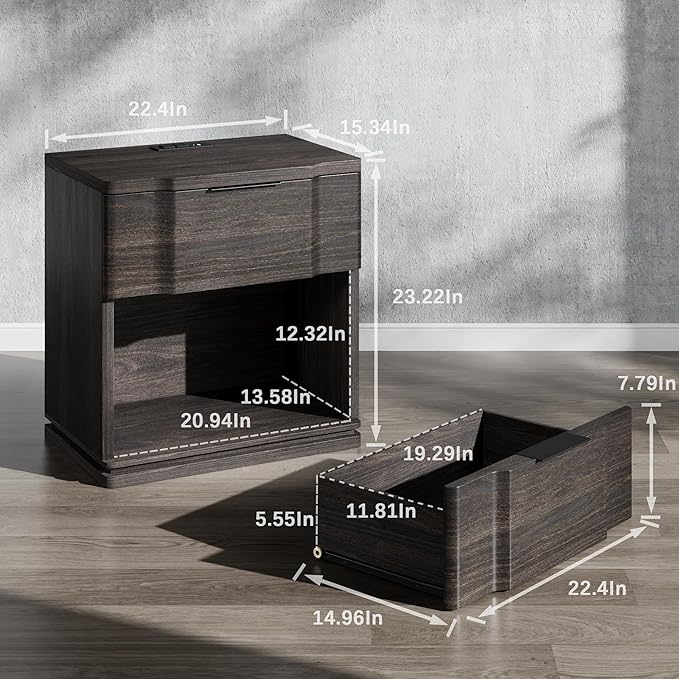 Nightstand with Charging Station, Wooden Curved Night Stand Bedside Table with Storage Shelf & Drawer, Large Mid Century Modern Accent End Table for Bedroom Living Room Office, Black and Gray