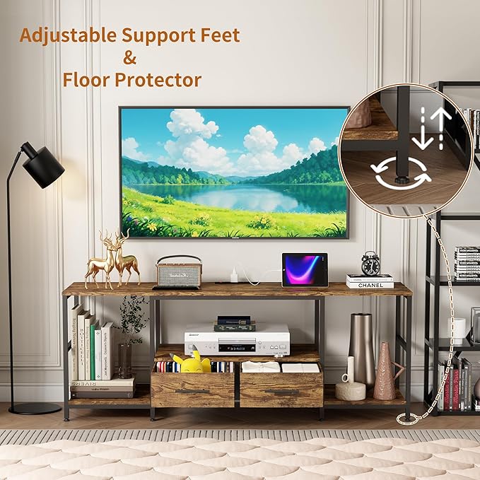 TV Stand for 75 Inch TV, TV Stands for Living Room with 2 Storage Drawers, Entertainment Center with Power Outlets, TV Stand for Bedroom, Television Stands, Brown/Black
