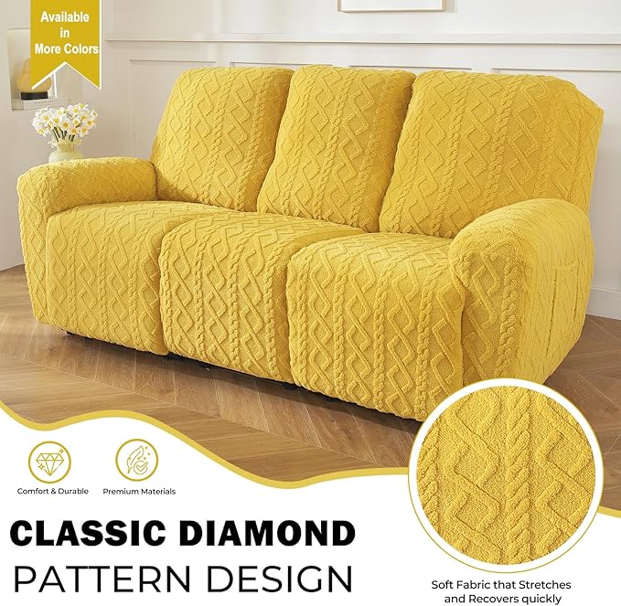 vctops 8 Pieces Geometric Jacquard Plush Recliner Sofa Covers Soft Fuzzy Fluffy 3 Seats Couch Cover Anti-Slip Sofa Slipcover Furniture Protector with Elastic Bottom for Kids Pet(Yellow,3 Seat)