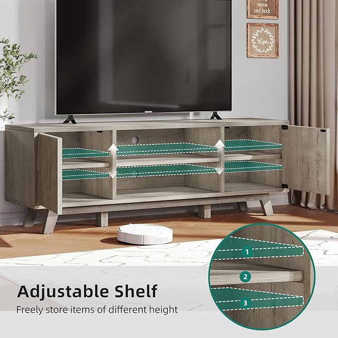 YITAHOME Television Stand for Living Room, Fluted TV Stand with LED Light for 65/55 Inch TV, Mid Century Modern Entertainment Center Media Console TV Cabinet with Adjustable Shelves, Light Oak