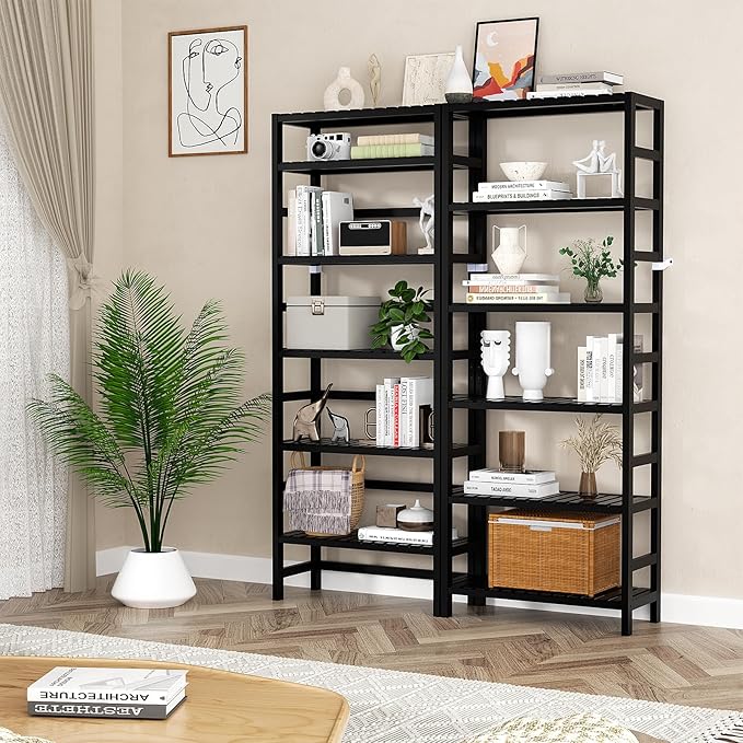 Homykic 6-Tier Bamboo Bookshelves and Bookcases, Adjustable 63.4”Tall Shallow Book Shelf Organizer Rack, Freestanding Storage Shelving Unit for Living Room, Kitchen, Bathroom, Office, Black