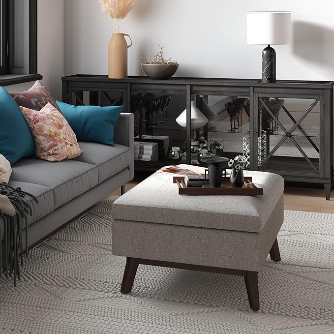 SIMPLIHOME Owen 34 inch Wide Mid Century Modern Rectangle Coffee Table Storage Ottoman in Cloud Grey Polyester Fabric, Assembled, For the Living Room, Entryway and Family Room