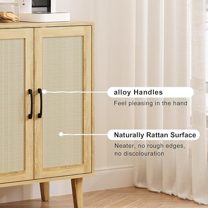 Rattan Decorated Buffet Cabinet - 2 Doors Simple Style Storage Cabinet, Shoe Cabinet with Adjustable Shelves, Sideboard for Kitchen, Living Room, Hallway, Entryway (Natural Wood)