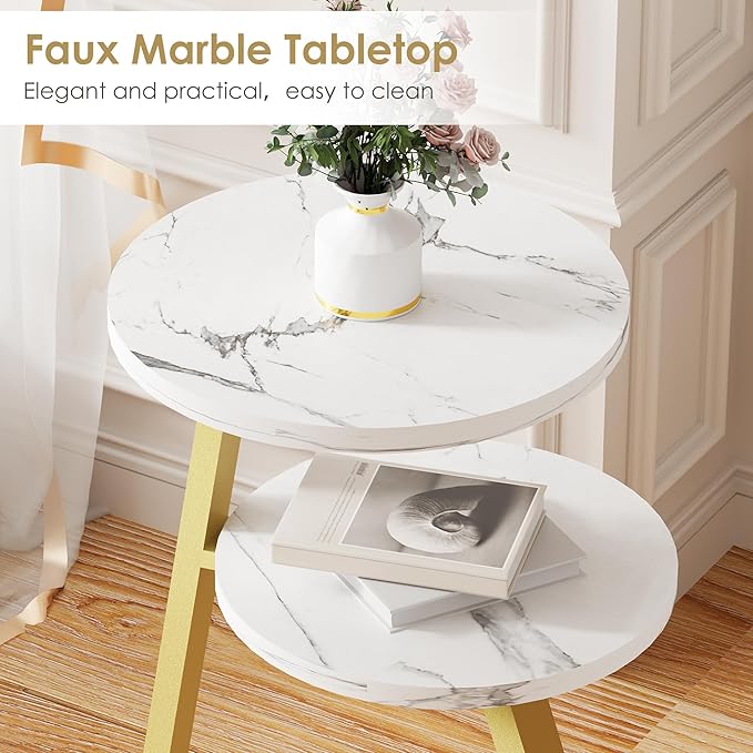 BEWISHOME Round End Table Marble Side Table with Metal Frame, Small Nightstand with 3-Tier Shelves, Night Stand for Living Room Bedroom Tall Gold White Stand KTZ41J